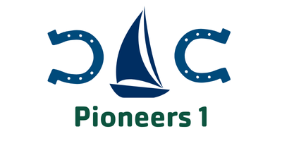 Pioneers Logo of two blue horseshoes and a blue sailboat
